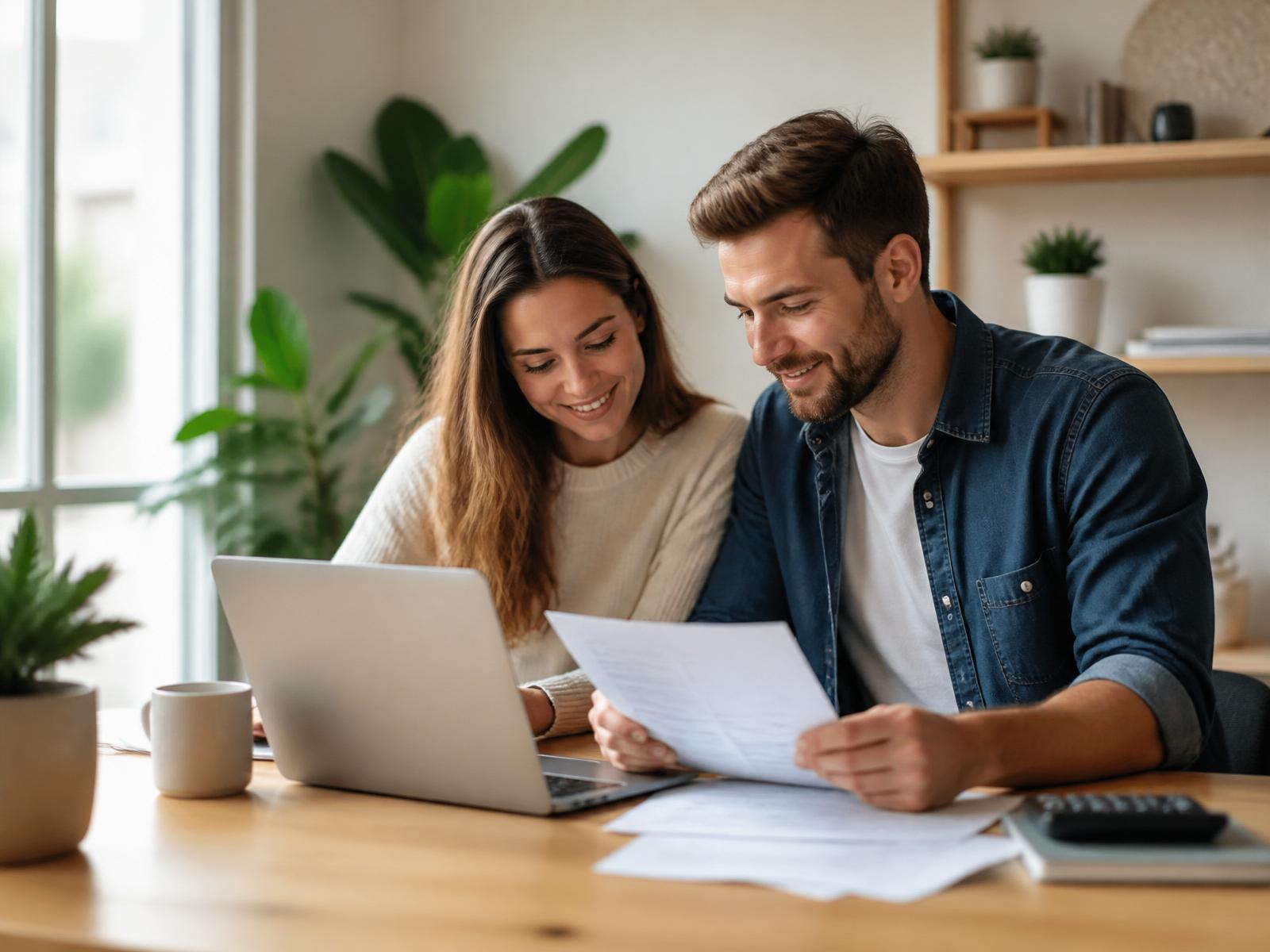 Junges Paar, das Finanzdokumente neben einem Laptop in einem modernen Zuhause überprüft